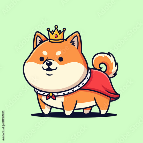 Cute Shiba Inu dog wearing a crown and royal cape.