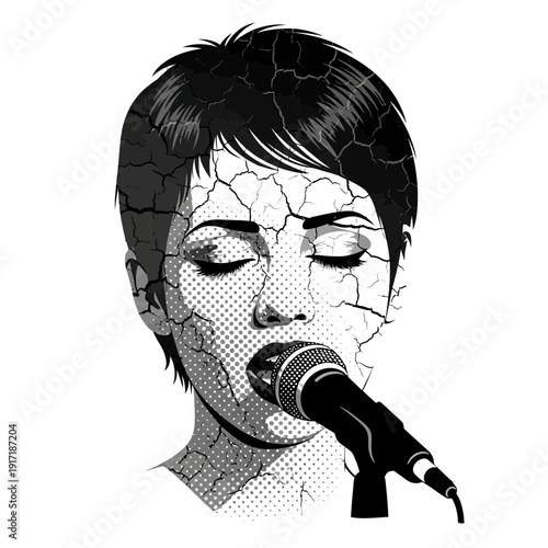Cracked face singer performing with microphone