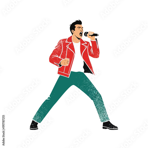 Energetic male singer performing with microphone, red jacket, teal pants