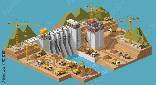 Hydroelectric Dam Construction Site with Heavy Machinery and Cranes.