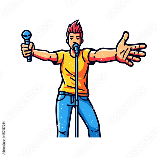 Male singer with microphone, wide open arms, performing on stage