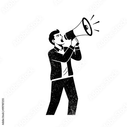 Man shouting into megaphone, announcement and protest concept, vintage style illustration