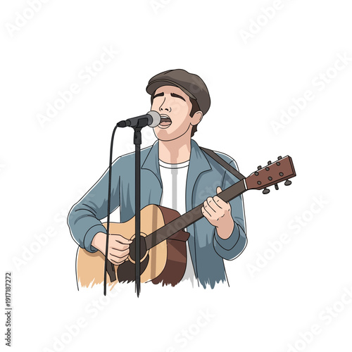 Man singing and playing acoustic guitar, isolated on white background