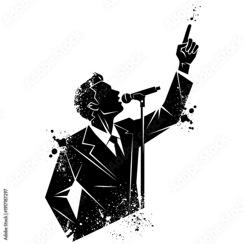 Man speaking into microphone, pointing finger up, stylized grunge graphic