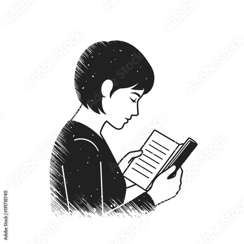 Silhouette of a person reading a book, simple line art sketch style.
