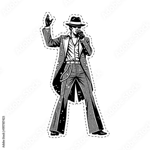 Singer in stylish suit performing with microphone, vintage illustration