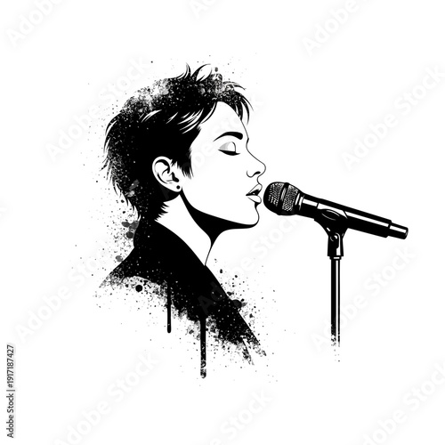 Singer performing at microphone, artistic sketch, black and white