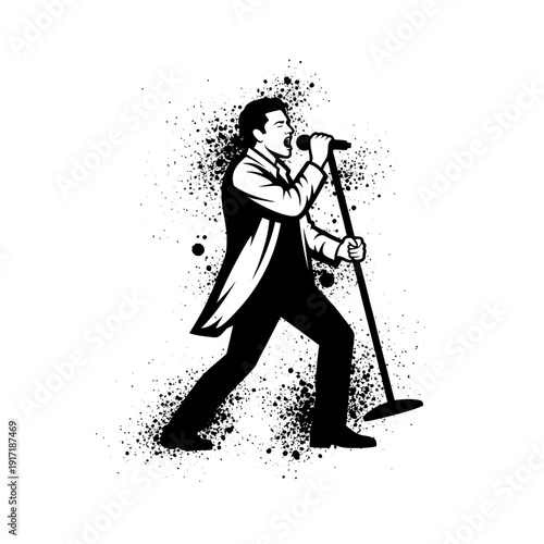 Singer performing with microphone, abstract splatter background