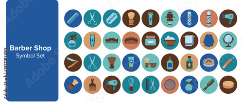 Professional Barber Shop Icon Set with 32 Flat Design Symbols for Grooming and Hair Styling including Scissors, Razors, Combs, Shaving Brushes, Clippers, and Barber Poles for Salon Branding.