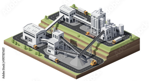 Industrial Complex with Conveyor Belts and Silos.