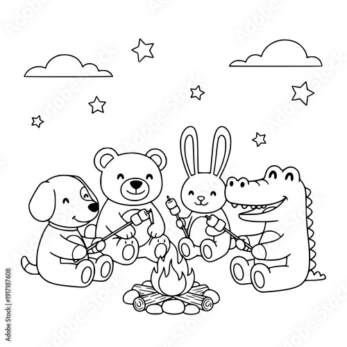Black and white coloring page, dog, bear, rabbit, crocodile and bird sitting around a small campfire roasting marshmallows