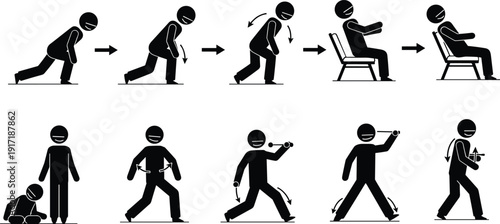 Ergonomic movement and lifting technique icon set, safe posture workplace training silhouettes vector illustration isolated safety instruction concept pack