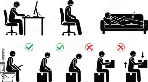 Ergonomic sitting and posture icon set, office work health correct position silhouettes vector illustration isolated workplace safety concept design