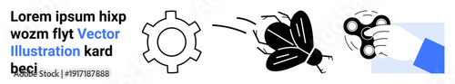 Gear symbol, a flying insect drawing, a hand spinning an object with blue placeholder text. Ideal for technology, movement, innovation, mechanics, playfulness, motion concepts simple landing page
