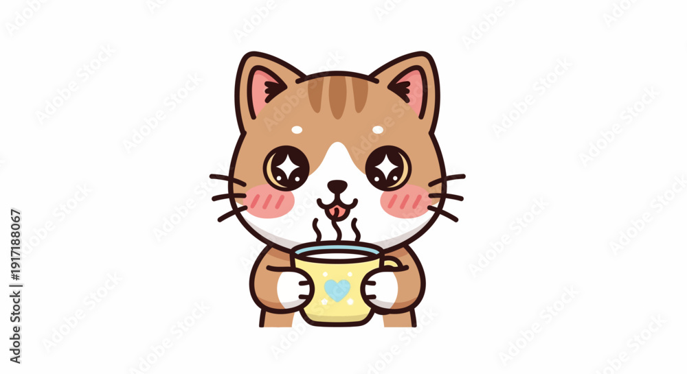 Obraz premium Adorable cartoon cat character with big sparkling eyes happily enjoying a warm beverage in a heart-decorated yellow mug, perfect for cozy and cheerful designs
