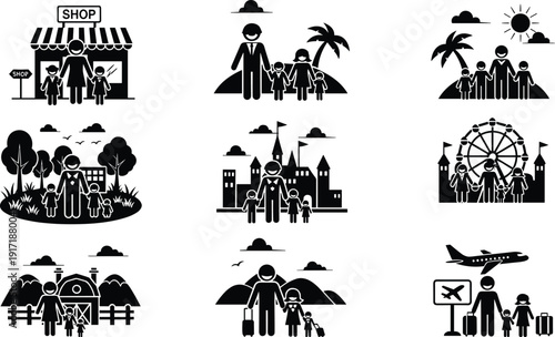 Family lifestyle silhouettes set, parenting activities icons collection, travel, shopping, park прогулка, amusement, countryside vacation vector illustration isolated design pack