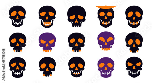Set of diverse stylized skull icons in orange and purple hues, perfect for Halloween or gothic themes