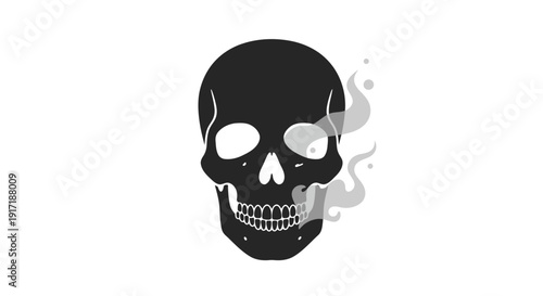 A minimalistic black skull illustration with smoke emitting from the eye socket, symbolizing danger or mortality, on a white background