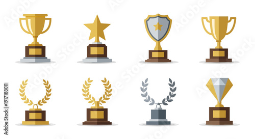 A diverse set of vector trophy and award icons, featuring golden cups, stars, shields, and laurel wreaths, symbolizing success, victory, achievement, and recognition