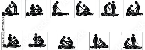 First aid emergency response silhouette icons, CPR rescue procedures and lifesaving medical assistance steps, black white vector illustration collection set