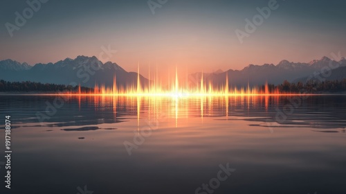 Serene Reflections of an Alpine Sunset Over Calm Waters with Soundwave Visualization in a Tranquil Landscape Setting