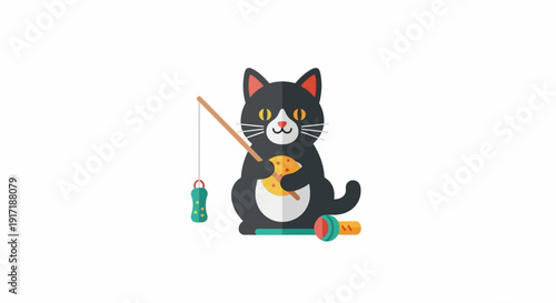 A charming and playful black cat cartoon character happily enjoying a successful fishing hobby, holding its rod with a golden fish caught, illustrating a joyful animal adventure and leisure activity