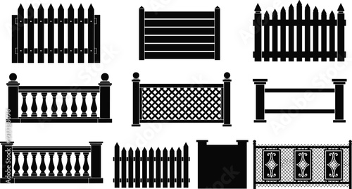 Fence railing silhouette icon set wooden picket metal balustrade garden barrier decorative outdoor boundary vector illustration collection isolated pack