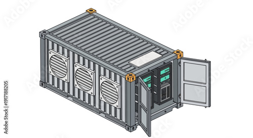 Industrial Shipping Container with Server Racks and Ventilation.