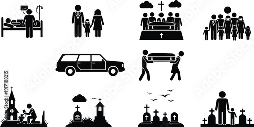 Funeral ceremony and mourning silhouettes set, grief family burial icons, cemetery coffin hearse religious black stick figure vector illustration collection