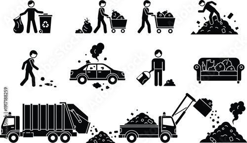 Garbage and waste management icon set, recycling trash collection silhouettes, sanitation service vector illustration isolated environmental cleanup design pack bundle