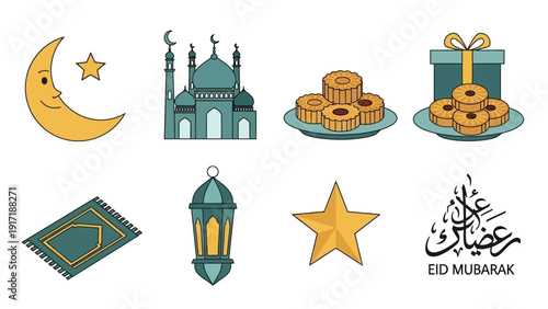 Eid Al-Fitr and Eid Al-Adha Islamic holiday symbols and elements for celebration and greeting cards, featuring a crescent moon, mosque, lantern, gift box, prayer mat, and Arabic calligraphy