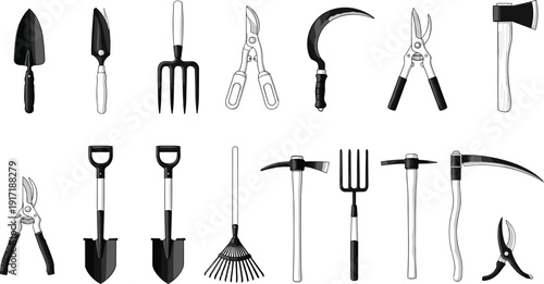 Garden tools collection vector, gardening equipment silhouette set, shovel rake shears fork axe pickaxe hand tools illustration isolated kit