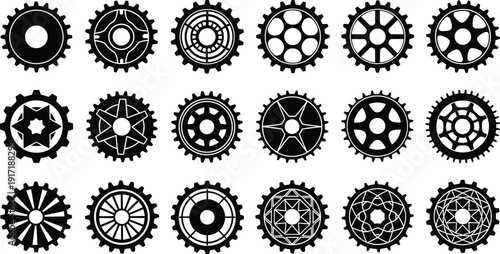Gear wheel silhouette collection featuring mechanical cog designs industrial machine engineering symbols black vector icon set isolated on white background