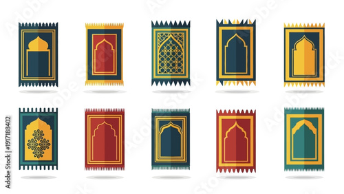 Collection of Islamic prayer rugs, traditional carpets with intricate patterns for worship, cultural textiles for Muslim devotion