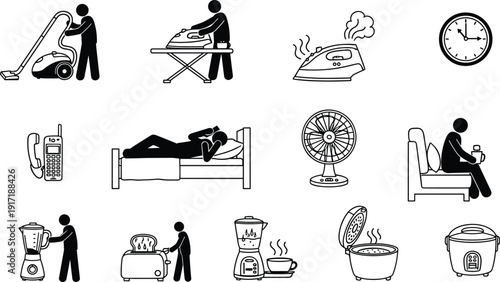 Home appliance and daily routine silhouette icons, household activities with kitchen devices cleaning tools, black white vector illustration collection bundle