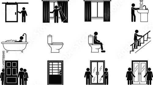Home interior and daily routine silhouette icon set, bathroom window door stairs hygiene living space household activity vector illustration collection