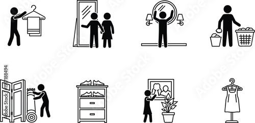 Home organization and daily household activity icons set, cleaning laundry dressing interior lifestyle silhouette collection vector pictogram illustration bundle