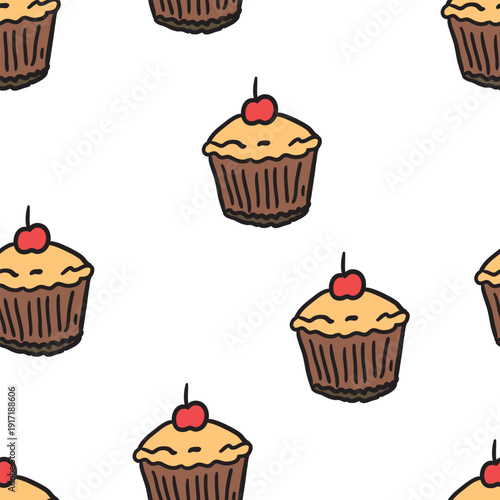 Seamless colorful cupcake pattern on clean white background, hand drawn repeat ideal for bakery packaging, party decor, textile print, and sweet themed branding.
