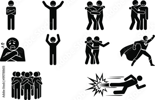 Human emotion and action icon set, support friendship superhero strength silhouettes vector illustration isolated social behavior concept design pack