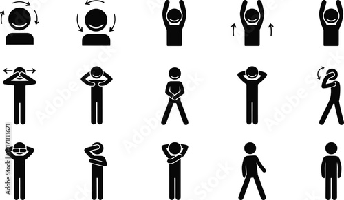 Human body stretching silhouette icons set, warm up exercises head neck shoulder movement fitness posture wellness training vector illustration collection