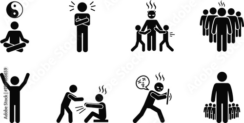 Human emotion and behavior silhouette icons, meditation anger conflict leadership teamwork concepts, black white people vector illustration collection bundle set