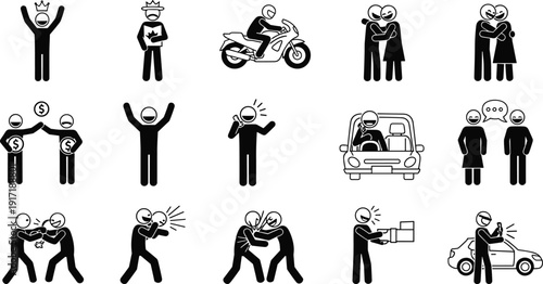 Human interaction lifestyle silhouette icon set business success conflict communication relationship money exchange driving activity pictogram vector illustration collection pack