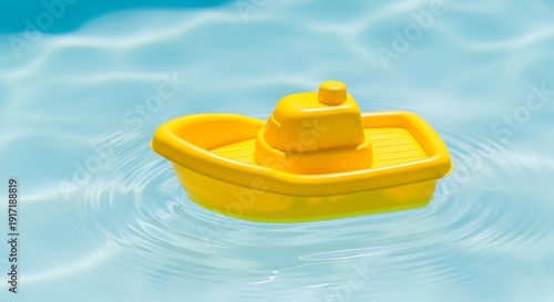 Yellow toy boat floating tranquilly on rippled water surface in sunshine