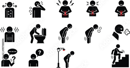 Human sickness symptoms silhouette icons set, illness pain cough fever stomach ache nausea medical health problem warning vector illustration collection