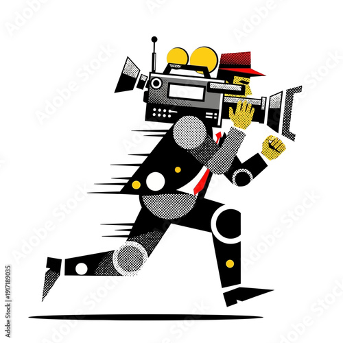 Filmmaker running with vintage camera