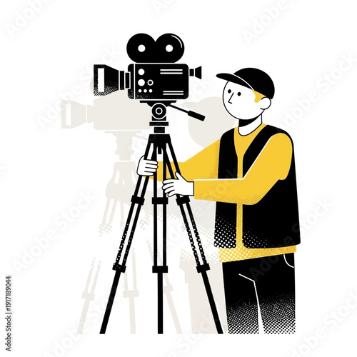 Filmmaker setting up vintage camera on tripod, graphic illustration