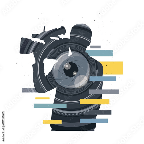 Filmmaker silhouette with camera lens eye, abstract creative concept