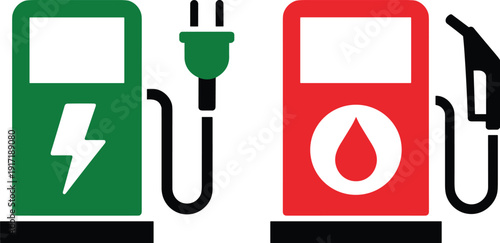 Electric vehicle charging station and gasoline fuel pump icon comparison illustrating clean energy transition, sustainable transport concept, and alternative automotive power solutions.