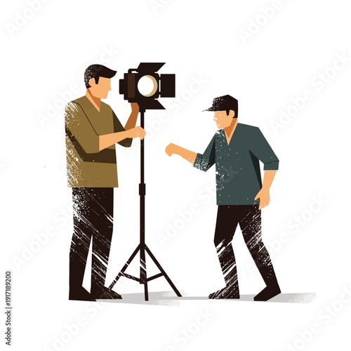 Filmmakers setting up lighting equipment for a film shoot