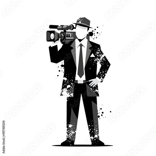 Filmmaker with vintage camera, noir style illustration